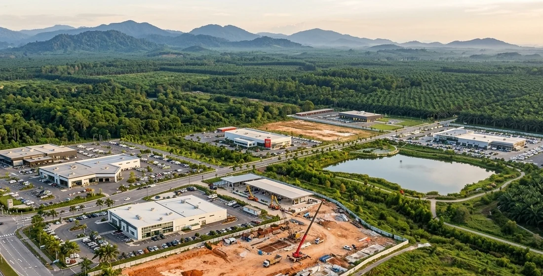Aerial view of a Malaysian industrial estate with a cleared plot under piling on one side, a detention pond, and oil palm and hills beyond