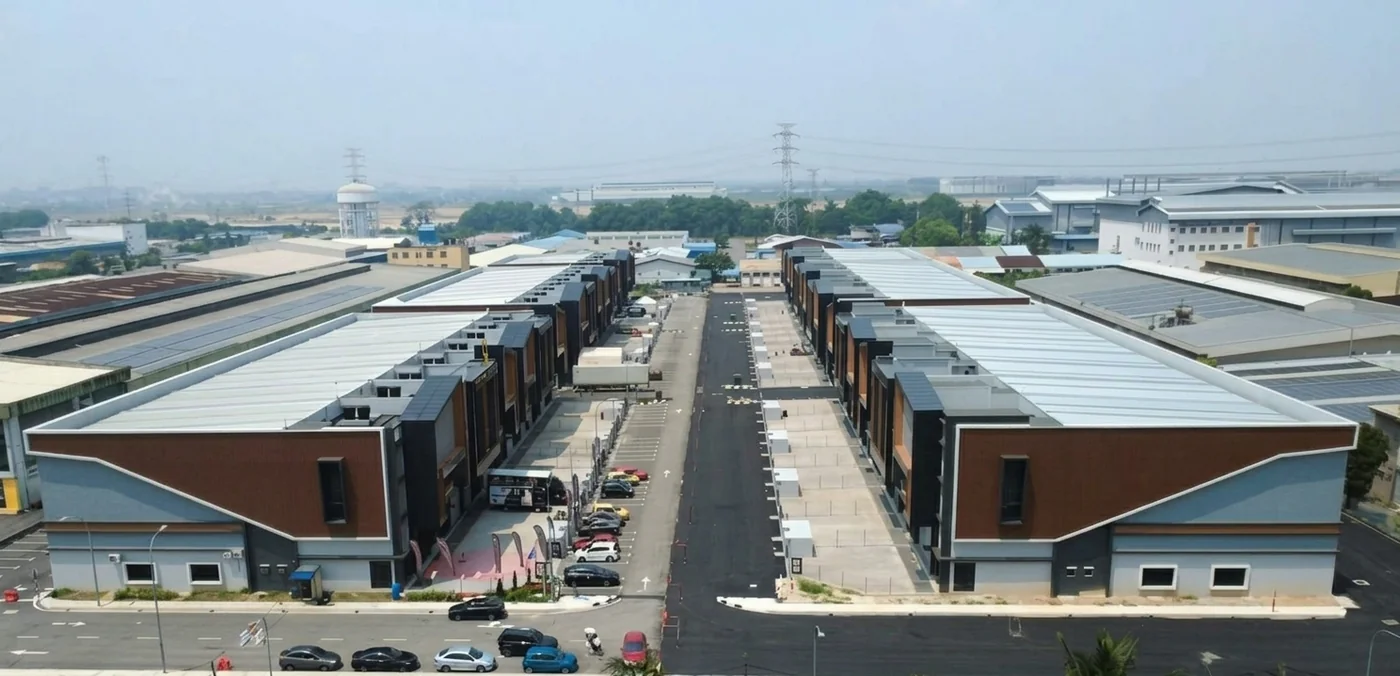 Aerial view of two rows of new terrace factories facing a shared service road, surrounded by older factory roofs, a water tower and transmission lines, under a hazy Klang Valley sky